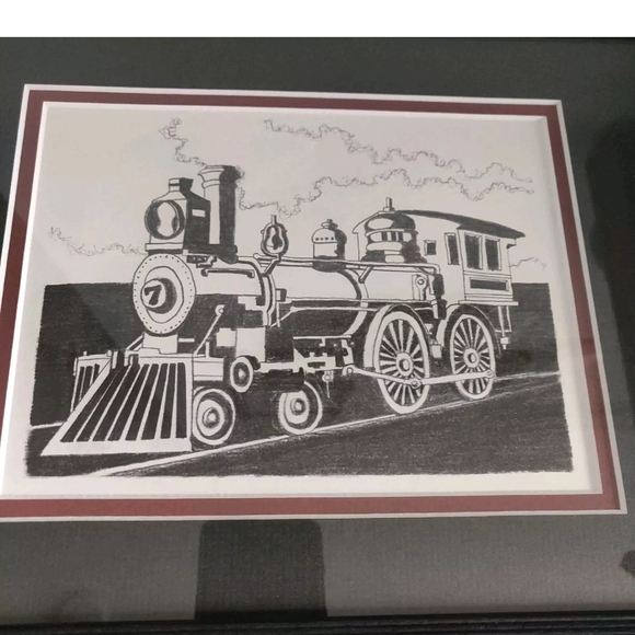 Train Steam Engine Charcoal Art in Black Frame Matted Under Glass 14